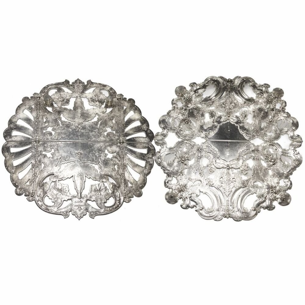 Vintage 90's 2 Piece Lot Silver Plated Ornate Expandable Trivet
